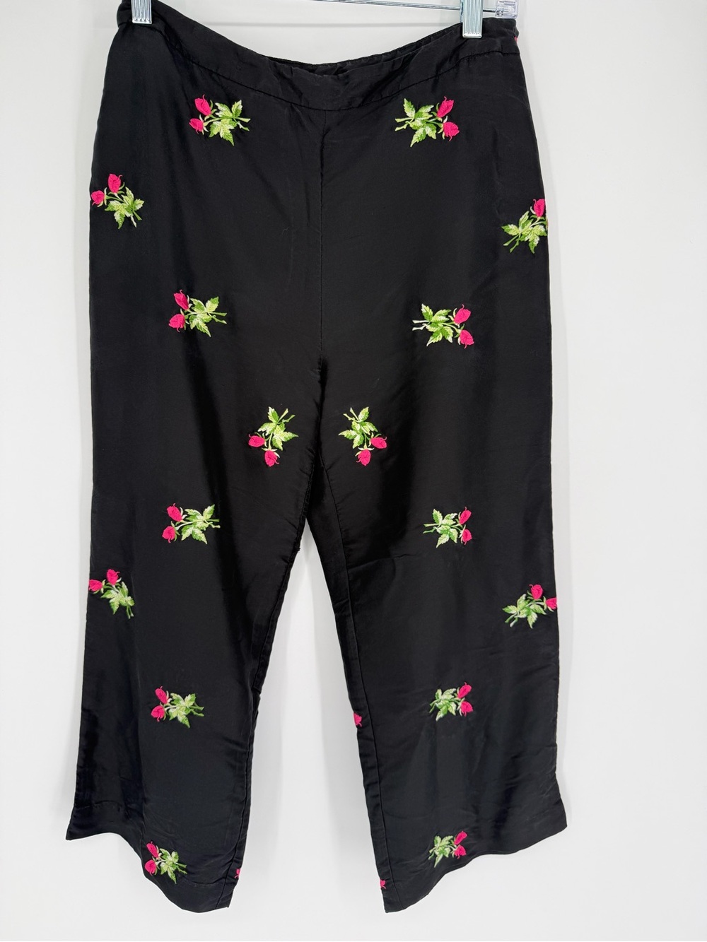 Vintage Silk Black Capris with Pink & Green Floral Embroidery size 8